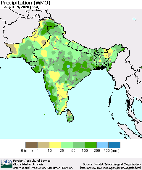 Southern Asia Precipitation (WMO) Thematic Map For 8/3/2020 - 8/9/2020