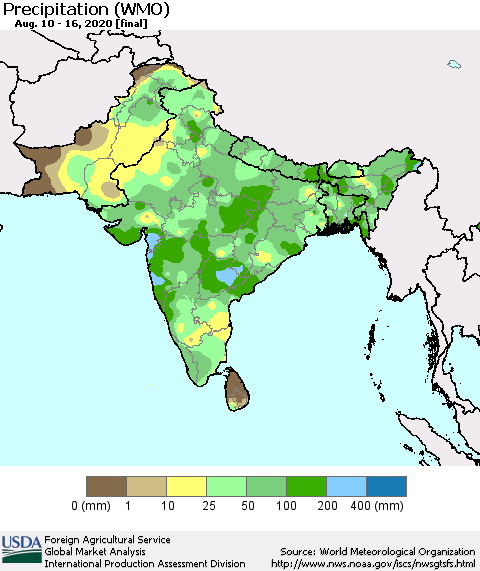 Southern Asia Precipitation (WMO) Thematic Map For 8/10/2020 - 8/16/2020