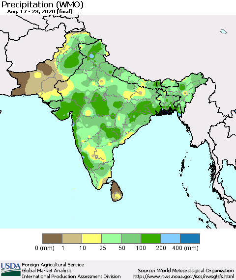 Southern Asia Precipitation (WMO) Thematic Map For 8/17/2020 - 8/23/2020