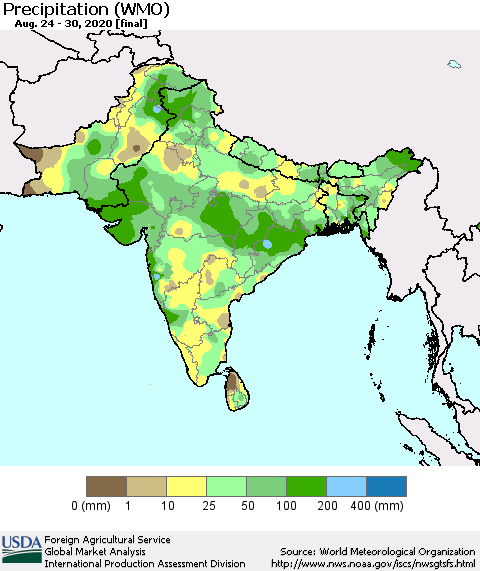Southern Asia Precipitation (WMO) Thematic Map For 8/24/2020 - 8/30/2020