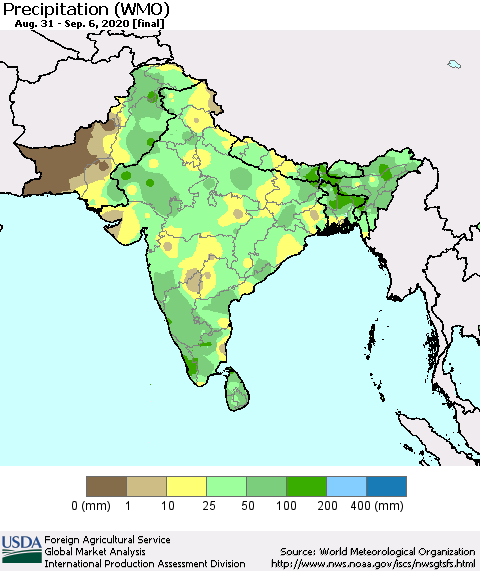 Southern Asia Precipitation (WMO) Thematic Map For 8/31/2020 - 9/6/2020