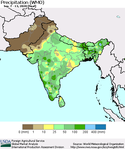 Southern Asia Precipitation (WMO) Thematic Map For 9/7/2020 - 9/13/2020
