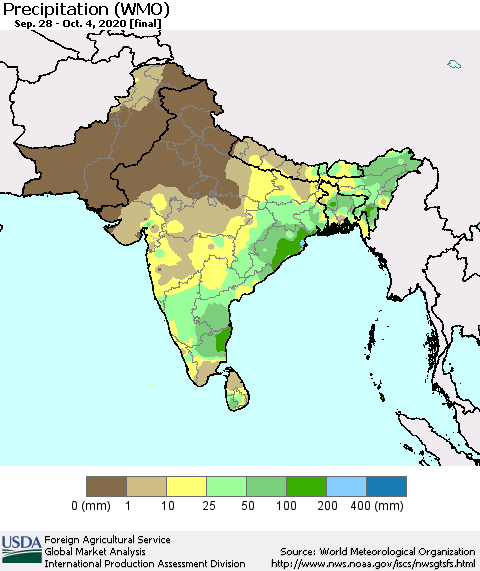 Southern Asia Precipitation (WMO) Thematic Map For 9/28/2020 - 10/4/2020