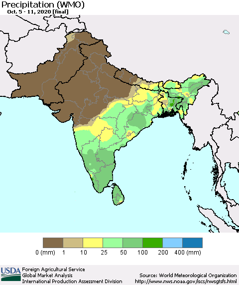 Southern Asia Precipitation (WMO) Thematic Map For 10/5/2020 - 10/11/2020