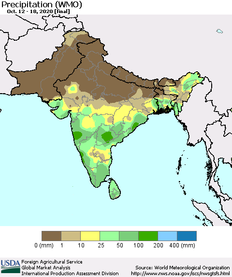 Southern Asia Precipitation (WMO) Thematic Map For 10/12/2020 - 10/18/2020