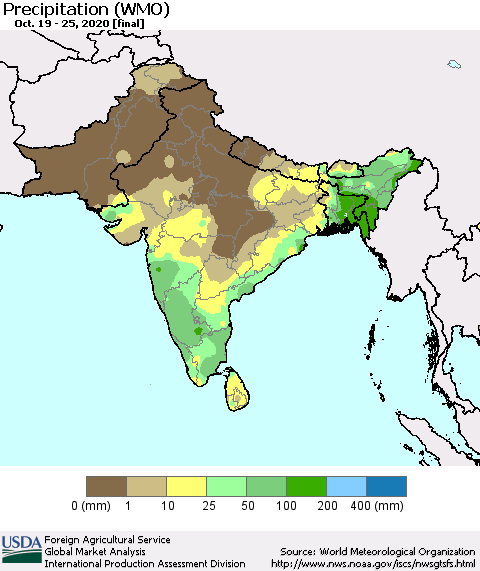 Southern Asia Precipitation (WMO) Thematic Map For 10/19/2020 - 10/25/2020
