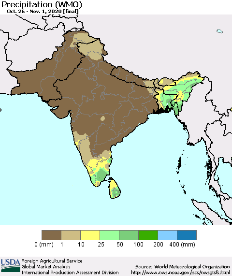 Southern Asia Precipitation (WMO) Thematic Map For 10/26/2020 - 11/1/2020