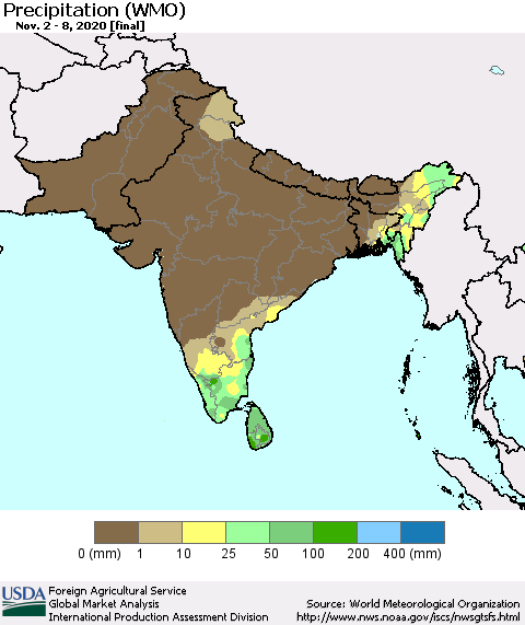 Southern Asia Precipitation (WMO) Thematic Map For 11/2/2020 - 11/8/2020