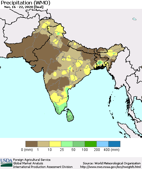 Southern Asia Precipitation (WMO) Thematic Map For 11/16/2020 - 11/22/2020