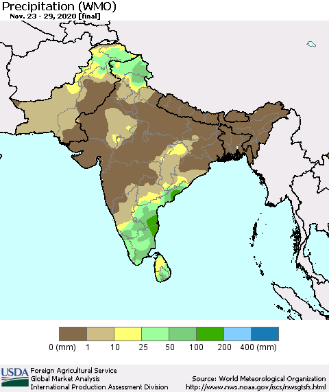 Southern Asia Precipitation (WMO) Thematic Map For 11/23/2020 - 11/29/2020