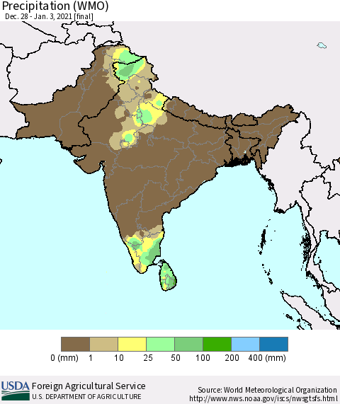 Southern Asia Precipitation (WMO) Thematic Map For 12/28/2020 - 1/3/2021