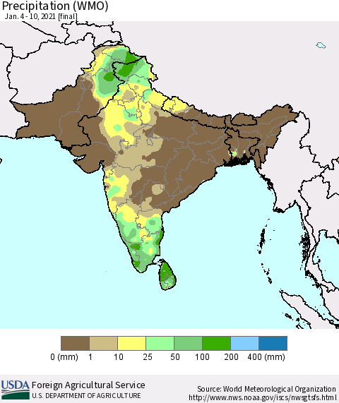 Southern Asia Precipitation (WMO) Thematic Map For 1/4/2021 - 1/10/2021