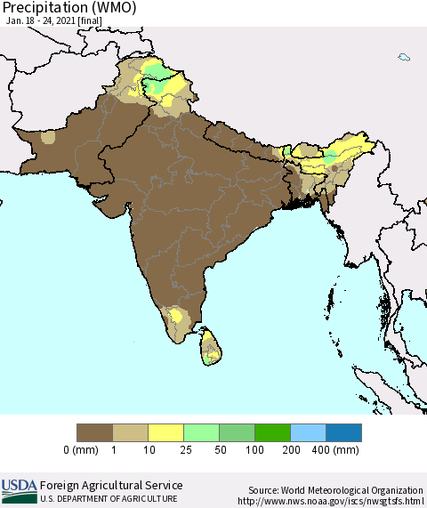 Southern Asia Precipitation (WMO) Thematic Map For 1/18/2021 - 1/24/2021