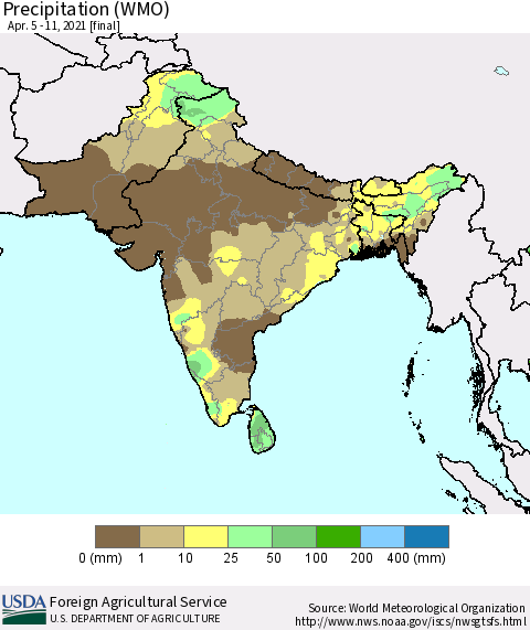 Southern Asia Precipitation (WMO) Thematic Map For 4/5/2021 - 4/11/2021