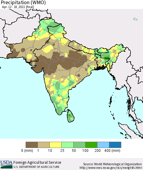Southern Asia Precipitation (WMO) Thematic Map For 4/12/2021 - 4/18/2021