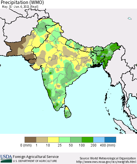 Southern Asia Precipitation (WMO) Thematic Map For 5/31/2021 - 6/6/2021