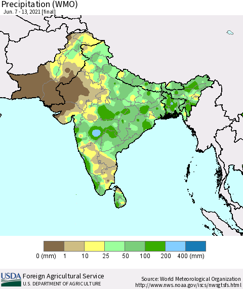 Southern Asia Precipitation (WMO) Thematic Map For 6/7/2021 - 6/13/2021