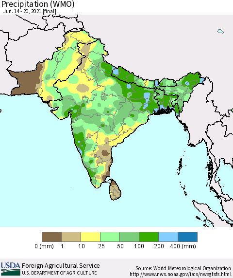 Southern Asia Precipitation (WMO) Thematic Map For 6/14/2021 - 6/20/2021