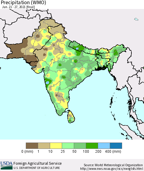 Southern Asia Precipitation (WMO) Thematic Map For 6/21/2021 - 6/27/2021