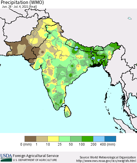 Southern Asia Precipitation (WMO) Thematic Map For 6/28/2021 - 7/4/2021