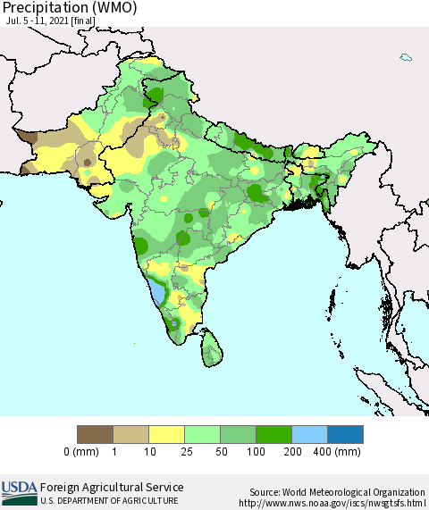 Southern Asia Precipitation (WMO) Thematic Map For 7/5/2021 - 7/11/2021