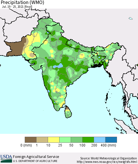 Southern Asia Precipitation (WMO) Thematic Map For 7/19/2021 - 7/25/2021