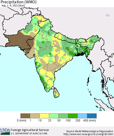 Southern Asia Precipitation (WMO) Thematic Map For 8/2/2021 - 8/8/2021