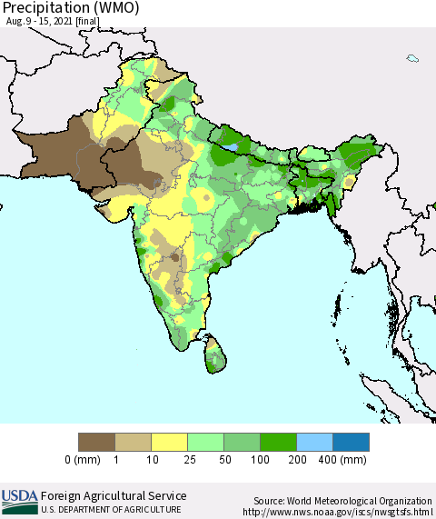 Southern Asia Precipitation (WMO) Thematic Map For 8/9/2021 - 8/15/2021