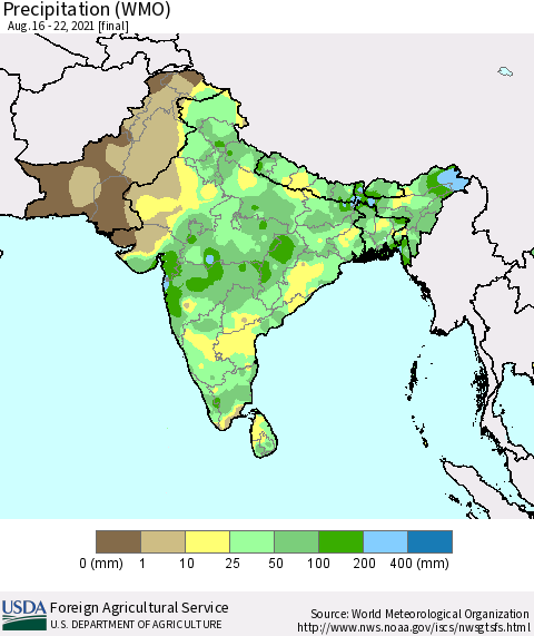 Southern Asia Precipitation (WMO) Thematic Map For 8/16/2021 - 8/22/2021