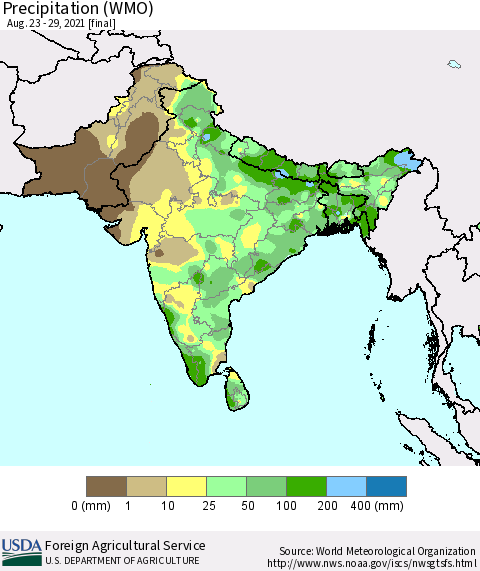 Southern Asia Precipitation (WMO) Thematic Map For 8/23/2021 - 8/29/2021