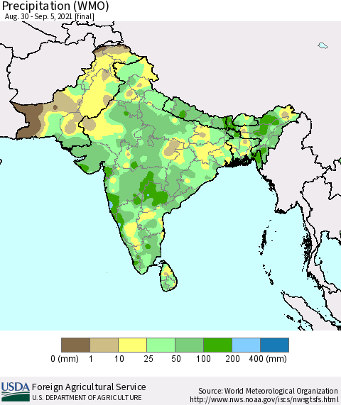 Southern Asia Precipitation (WMO) Thematic Map For 8/30/2021 - 9/5/2021