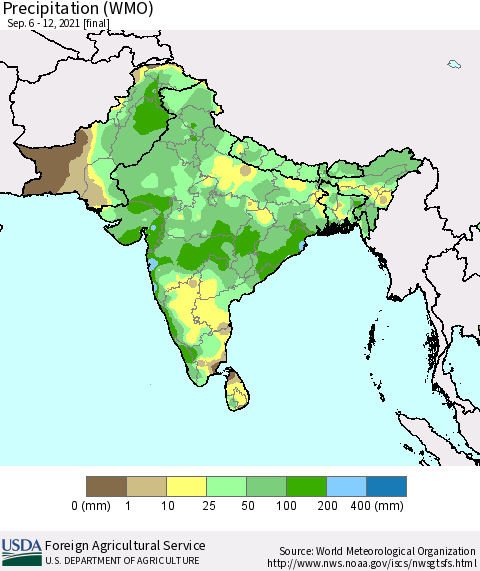 Southern Asia Precipitation (WMO) Thematic Map For 9/6/2021 - 9/12/2021