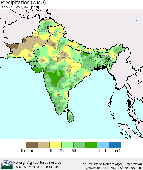 Southern Asia Precipitation (WMO) Thematic Map For 9/27/2021 - 10/3/2021