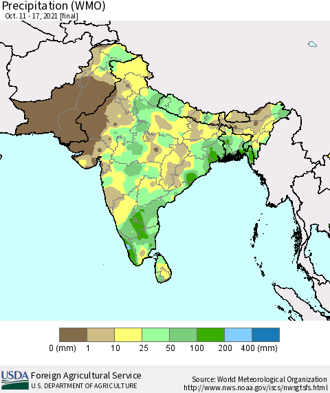 Southern Asia Precipitation (WMO) Thematic Map For 10/11/2021 - 10/17/2021
