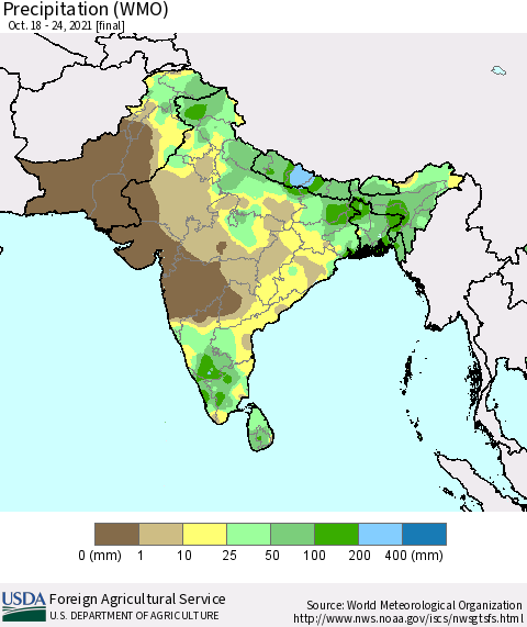 Southern Asia Precipitation (WMO) Thematic Map For 10/18/2021 - 10/24/2021