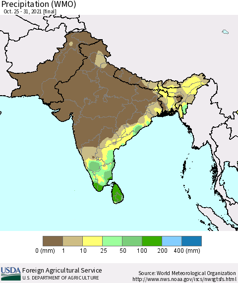 Southern Asia Precipitation (WMO) Thematic Map For 10/25/2021 - 10/31/2021