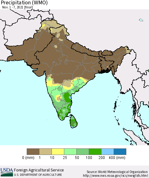 Southern Asia Precipitation (WMO) Thematic Map For 11/1/2021 - 11/7/2021