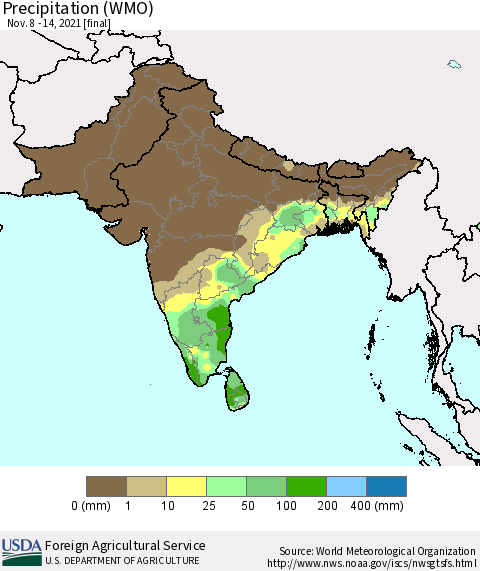 Southern Asia Precipitation (WMO) Thematic Map For 11/8/2021 - 11/14/2021