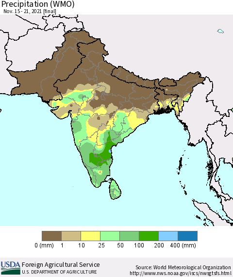 Southern Asia Precipitation (WMO) Thematic Map For 11/15/2021 - 11/21/2021