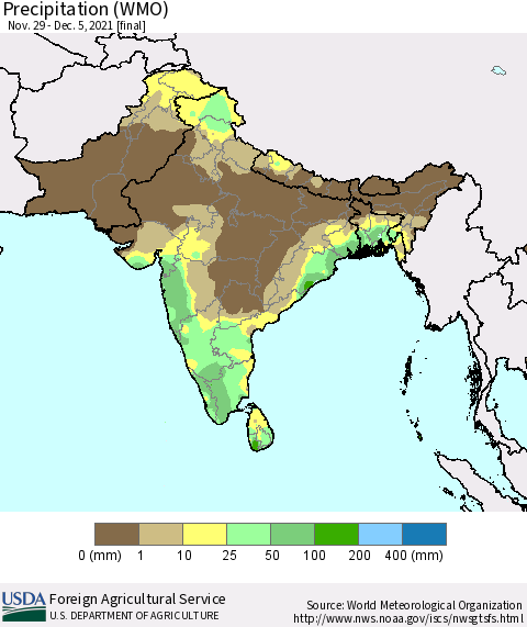 Southern Asia Precipitation (WMO) Thematic Map For 11/29/2021 - 12/5/2021