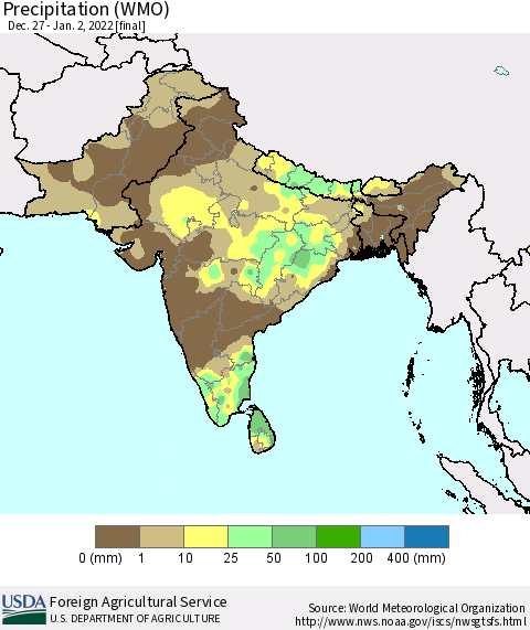 Southern Asia Precipitation (WMO) Thematic Map For 12/27/2021 - 1/2/2022