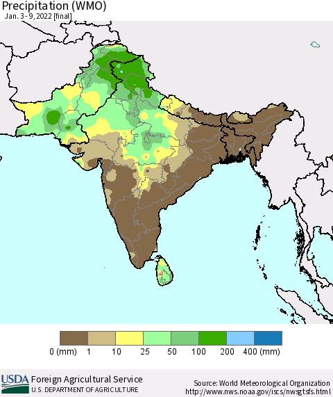 Southern Asia Precipitation (WMO) Thematic Map For 1/3/2022 - 1/9/2022