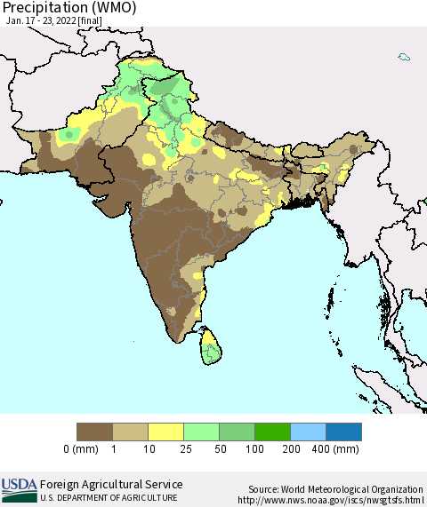 Southern Asia Precipitation (WMO) Thematic Map For 1/17/2022 - 1/23/2022