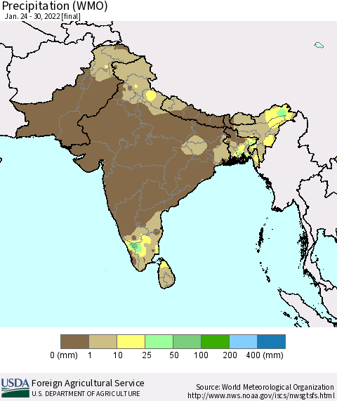 Southern Asia Precipitation (WMO) Thematic Map For 1/24/2022 - 1/30/2022