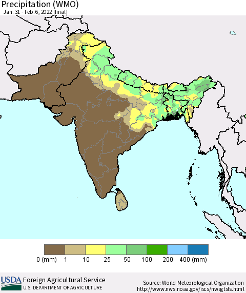 Southern Asia Precipitation (WMO) Thematic Map For 1/31/2022 - 2/6/2022