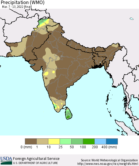 Southern Asia Precipitation (WMO) Thematic Map For 3/7/2022 - 3/13/2022