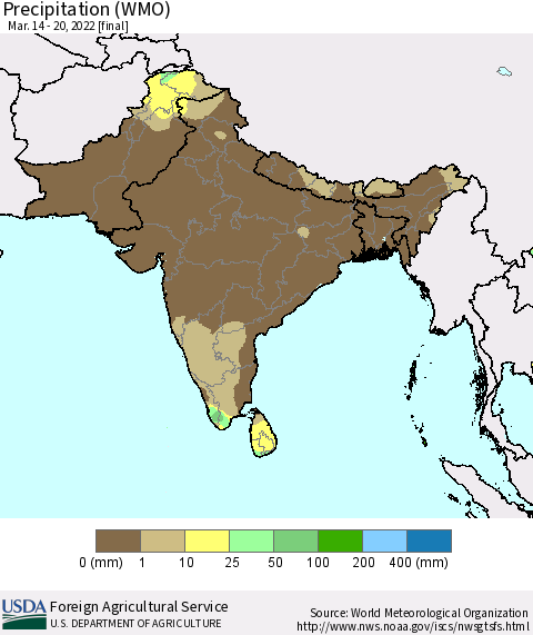 Southern Asia Precipitation (WMO) Thematic Map For 3/14/2022 - 3/20/2022