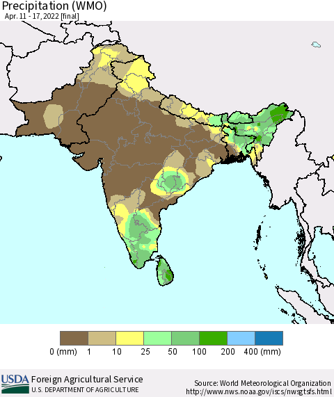 Southern Asia Precipitation (WMO) Thematic Map For 4/11/2022 - 4/17/2022