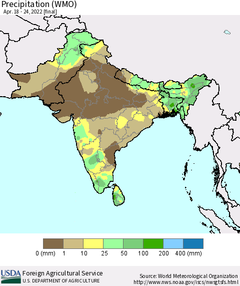Southern Asia Precipitation (WMO) Thematic Map For 4/18/2022 - 4/24/2022