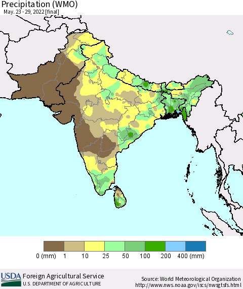 Southern Asia Precipitation (WMO) Thematic Map For 5/23/2022 - 5/29/2022